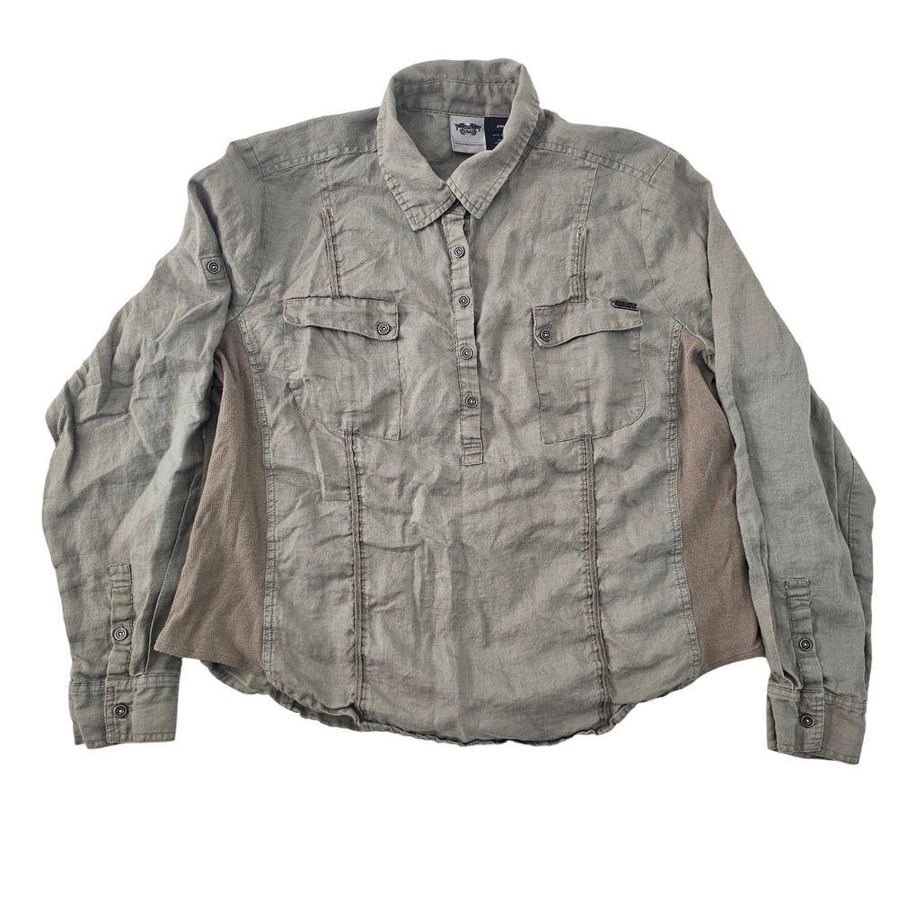 Harley Davidson Womens 2XL Ramie Utility Shirt Olive Drab‎ Long Sleeve Roll Tab